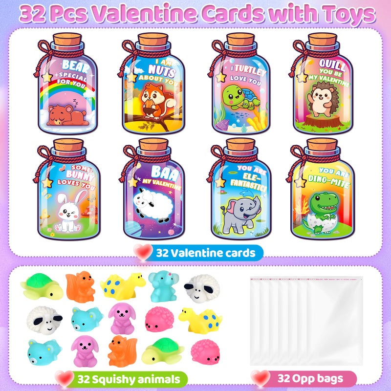 Ellinjan Valentines Day Gifts for Kids Classroom School, 32 Packs Valentines Day Card with Squishy Toys Glow in The Dark, Valentine Party Favor Exchange Gift for Boys Girls Toddlers School Class Game Prizes - Image 2