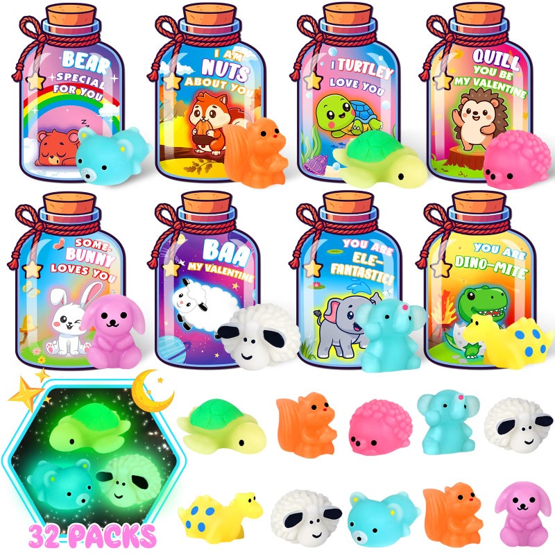 Ellinjan Valentines Day Gifts for Kids Classroom School, 32 Packs Valentines Day Card with Squishy Toys Glow in The Dark, Valentine Party Favor Exchange Gift for Boys Girls Toddlers School Class Game Prizes - Image 1