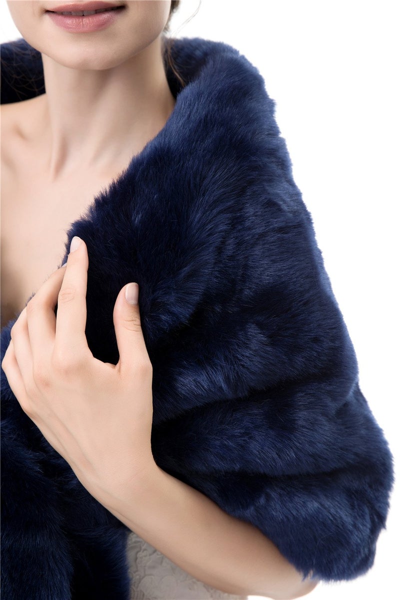 Kumeng Women's Winter Warm Navy Faux Fur Shawl Coat Jacket Parka Outerwear Tops (Navy Blue, Medium) - Image 4