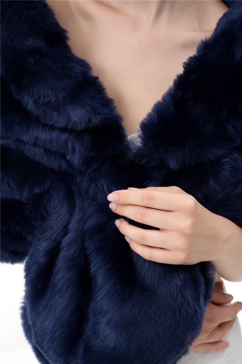 Kumeng Women's Winter Warm Navy Faux Fur Shawl Coat Jacket Parka Outerwear Tops (Navy Blue, Medium) - Image 5