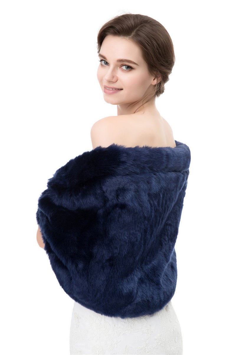 Kumeng Women's Winter Warm Navy Faux Fur Shawl Coat Jacket Parka Outerwear Tops (Navy Blue, Medium) - Image 3