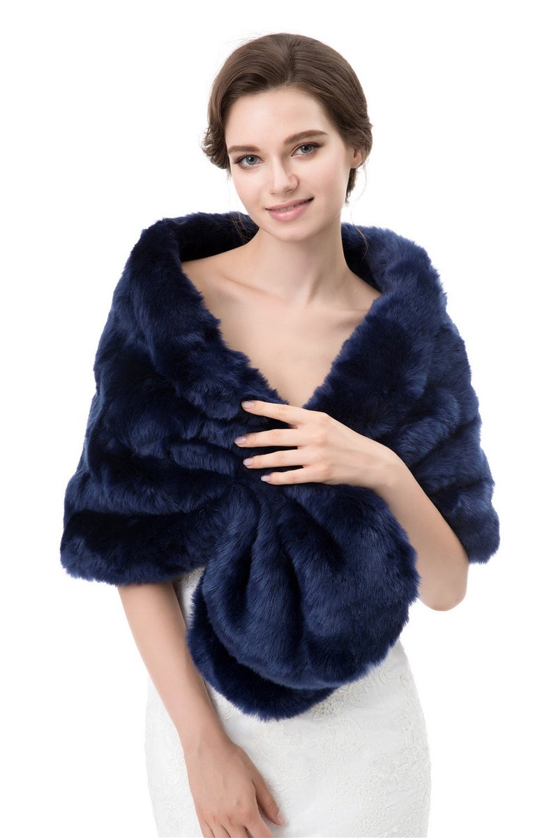 Kumeng Women's Winter Warm Navy Faux Fur Shawl Coat Jacket Parka Outerwear Tops (Navy Blue, Medium) - Image 2