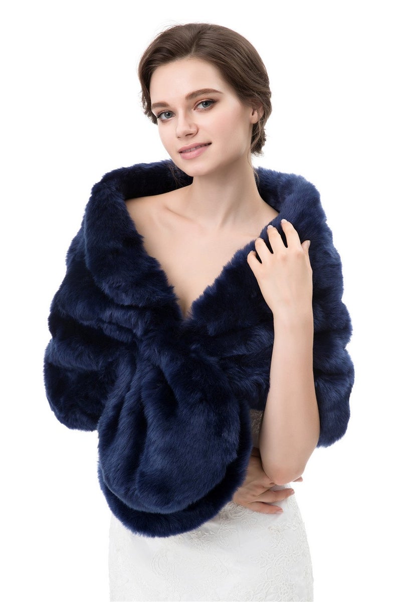 Kumeng Women's Winter Warm Navy Faux Fur Shawl Coat Jacket Parka Outerwear Tops (Navy Blue, Medium) - Image 1