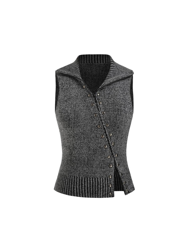 CIDER Women's Cropped Sweater Vest Rivet Sleeveless Turtleneck Sweaters Zip Up Cardigan Trendy Spring Fall Outfits - Image 1