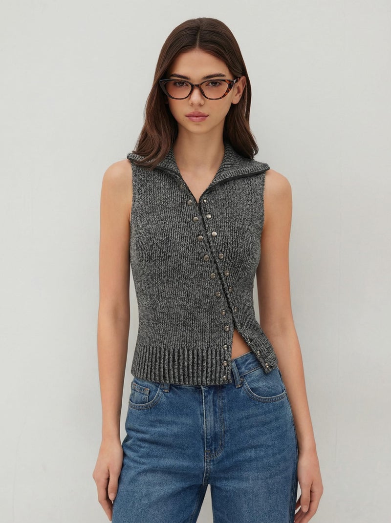CIDER Women's Cropped Sweater Vest Rivet Sleeveless Turtleneck Sweaters Zip Up Cardigan Trendy Spring Fall Outfits - Image 2