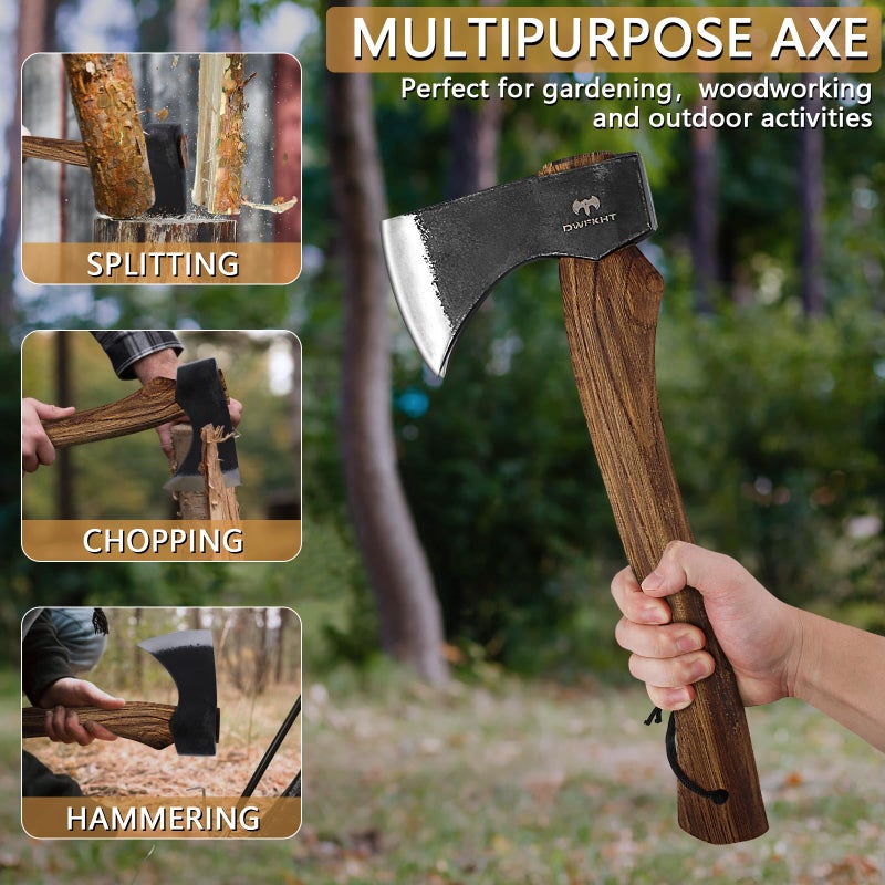 DWFKHT 15.7" Hatchet, Camping Hatchet, Hand-Forged Axe with Sheath for Wood Chopping, Splitting, and Carving, Bushcraft Axe with Beech Handle for Outdoor Survival and Garden Work - Image 4