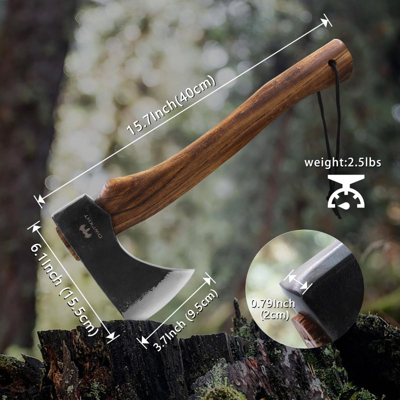 DWFKHT 15.7" Hatchet, Camping Hatchet, Hand-Forged Axe with Sheath for Wood Chopping, Splitting, and Carving, Bushcraft Axe with Beech Handle for Outdoor Survival and Garden Work - Image 3