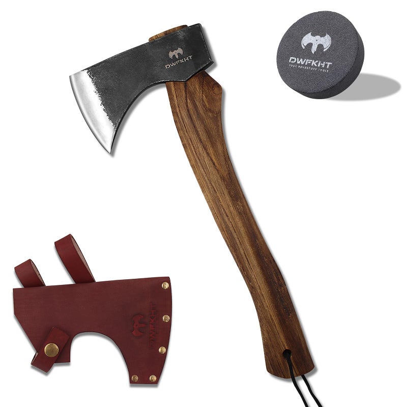 DWFKHT 15.7" Hatchet, Camping Hatchet, Hand-Forged Axe with Sheath for Wood Chopping, Splitting, and Carving, Bushcraft Axe with Beech Handle for Outdoor Survival and Garden Work - Image 1