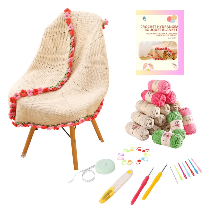 CSWCS Crochet Blanket Kit for Beginners, 40 inches Flower Bouquet Shawl Throw Kits for Adults, Learn How to Knitting with Yarn, Hook & Instructions, Gifts for Women Home Decor (Pink-red Hydrangea Kit) - Image 1