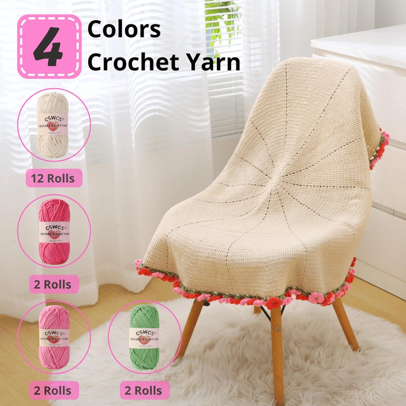 CSWCS Crochet Blanket Kit for Beginners, 40 inches Flower Bouquet Shawl Throw Kits for Adults, Learn How to Knitting with Yarn, Hook & Instructions, Gifts for Women Home Decor (Pink-red Hydrangea Kit) - Image 2