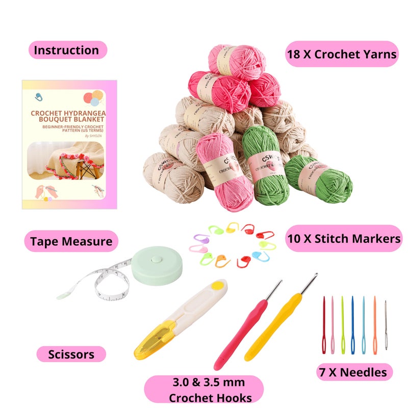 CSWCS Crochet Blanket Kit for Beginners, 40 inches Flower Bouquet Shawl Throw Kits for Adults, Learn How to Knitting with Yarn, Hook & Instructions, Gifts for Women Home Decor (Pink-red Hydrangea Kit) - Image 3