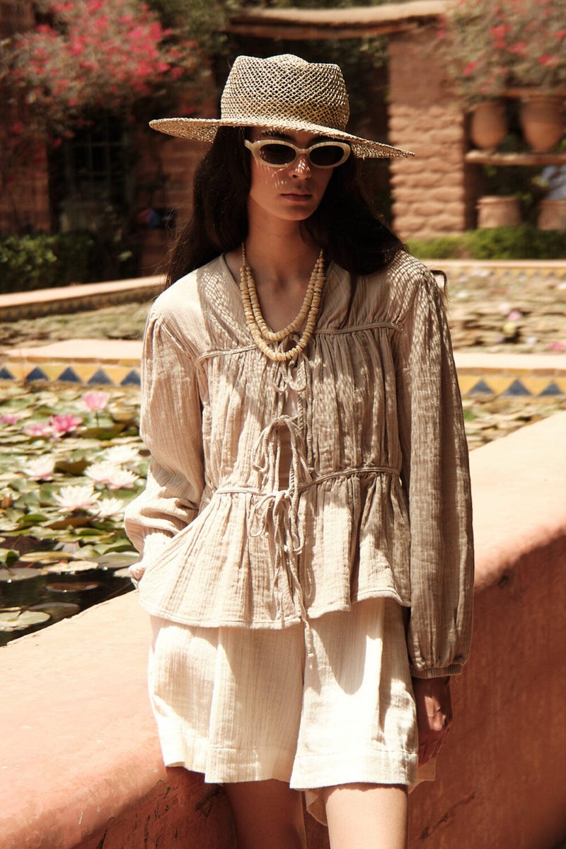 Manuka Tie Detailed Muslin Blouse Sand  - Image 1