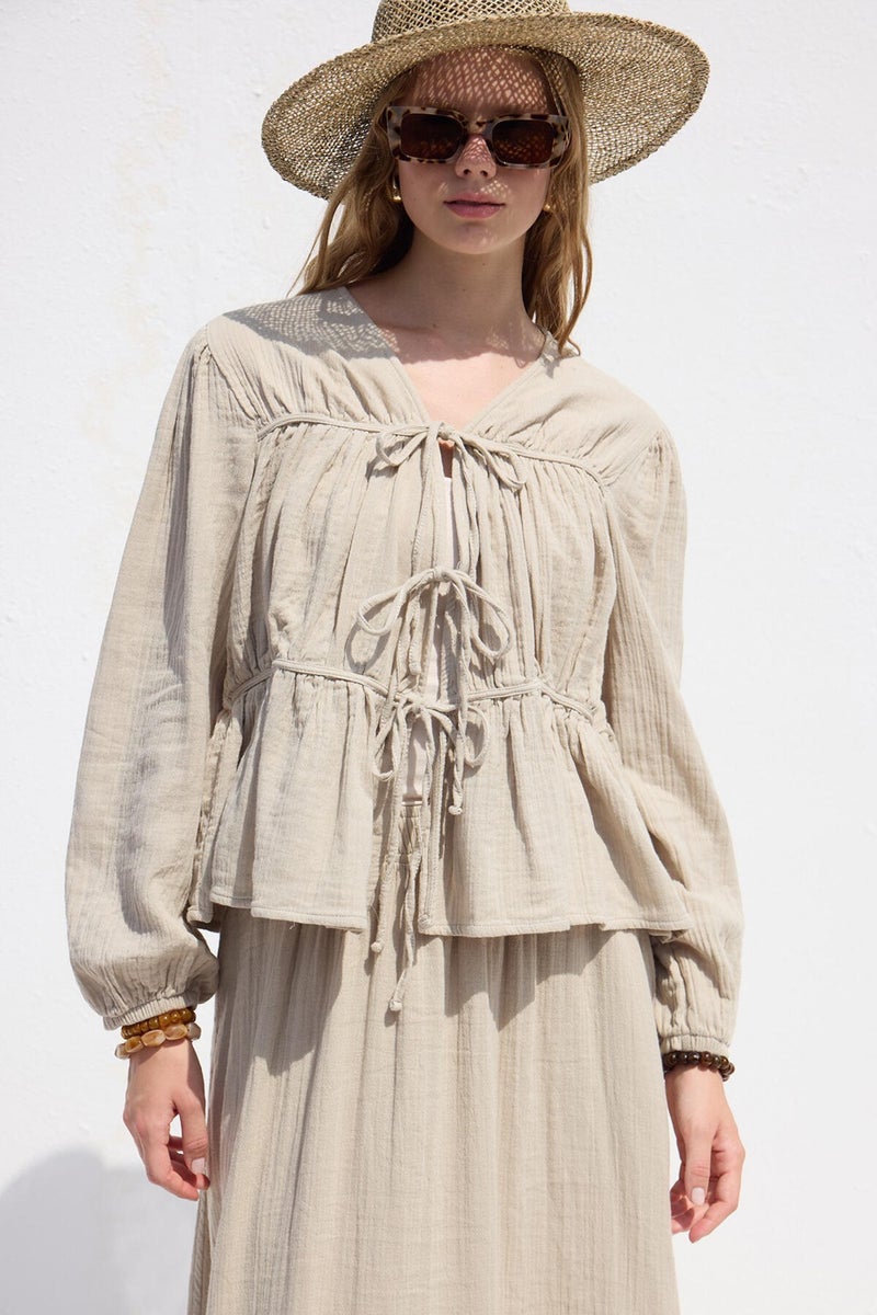 Manuka Tie Detailed Muslin Blouse Sand  - Image 5