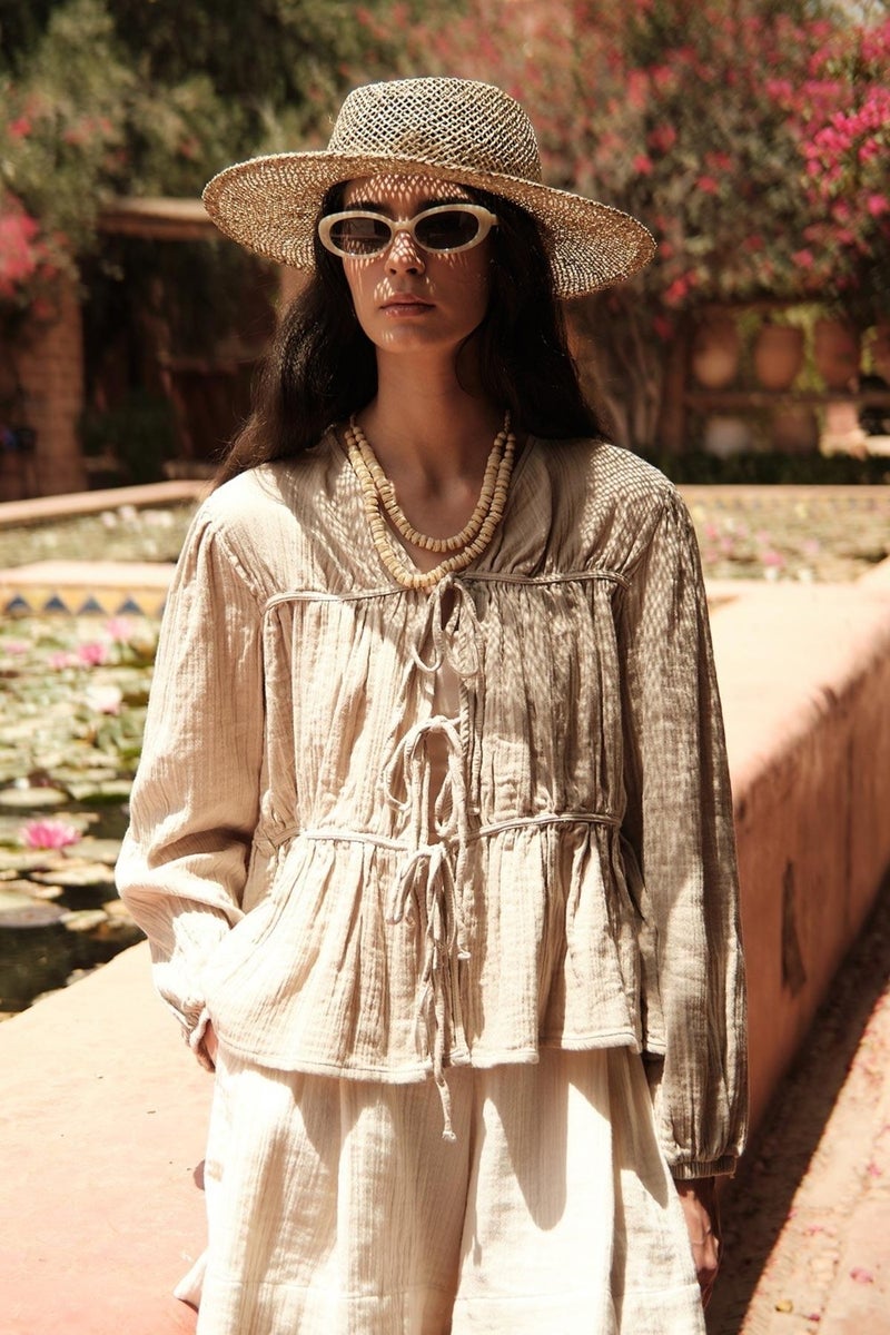 Manuka Tie Detailed Muslin Blouse Sand  - Image 4