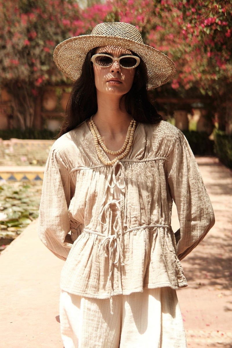 Manuka Tie Detailed Muslin Blouse Sand  - Image 3