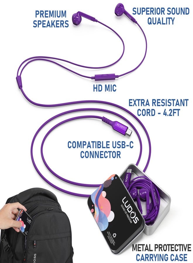 LUDOS Ferox USB C Headphones, 5 Year Warranty for iPhone 15 Pro Max Plus Samsung Galaxy S23 Ultra S22 S21 FE S20 A53 A54, USB Type C Earphones with Microphone In-Ear with Cable for iPad Pro - Purple - Image 3