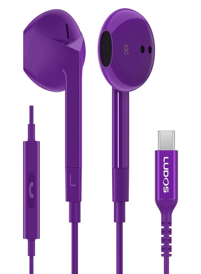 LUDOS Ferox USB C Headphones, 5 Year Warranty for iPhone 15 Pro Max Plus Samsung Galaxy S23 Ultra S22 S21 FE S20 A53 A54, USB Type C Earphones with Microphone In-Ear with Cable for iPad Pro - Purple - Image 1