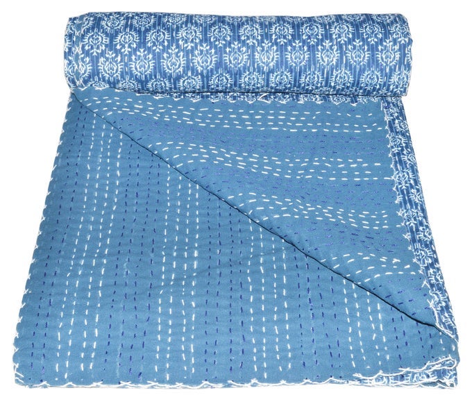 INDIGO BLUE COTTON KANTHA QUILT TWIN BEDSPREAD 90X60 INCHBLUE