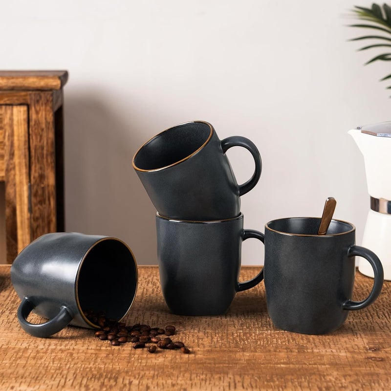 famiware Coffee Mugs Set of 4 Ocean Square 13oz Coffee Cup Set with Handle for Cocoa Milk Hot Chocolate Tea Water Stoneware Cups for Kitchen Microwave and Dishwasher Safe Matte Black - Image 2