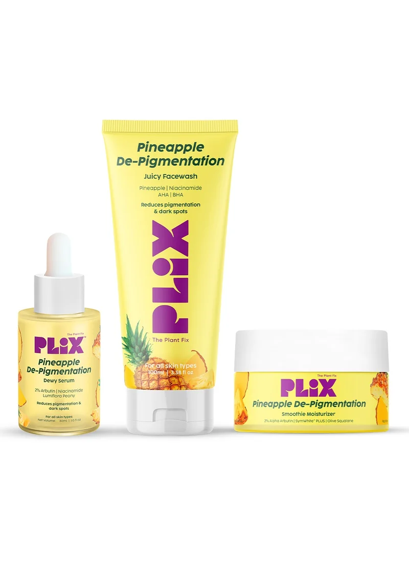 PLIX THE PLANT FIX مجموعة العناية بالبشرة التصبغية بالأناناس لإزالة البقع الداكنة | مجموعة غسول الوجه ومصل الوجه والمرطب للنساء والرجال، عبوة من 3 قطع