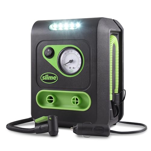 Slime 40034 Tire and Mattress Inflator AllPurpose High Pressure High Volume Analog 100 psi Dial Gauge LED Light 8 min Tire inflation 3 Min Mattress inflation