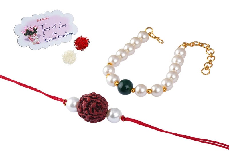 JFL JFL Jewellery for Less Handmade Rakhi for Brother Combo Couple Pair Rudraksha Rakhi n Onyx Pearl Bracelet Set for Bhaiya Fancy Rakhi with Roli Chawal for Raksha Bandhan 
