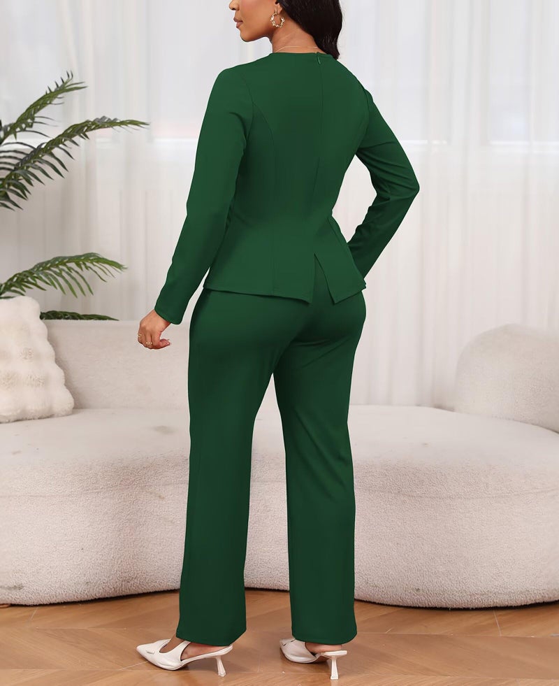 Aro Lora Women 2 Piece Outfits Casual Long Sleeve Irregular Hem Slit Top Pant Set Dressy Pantsuits X-Large Green - Image 4