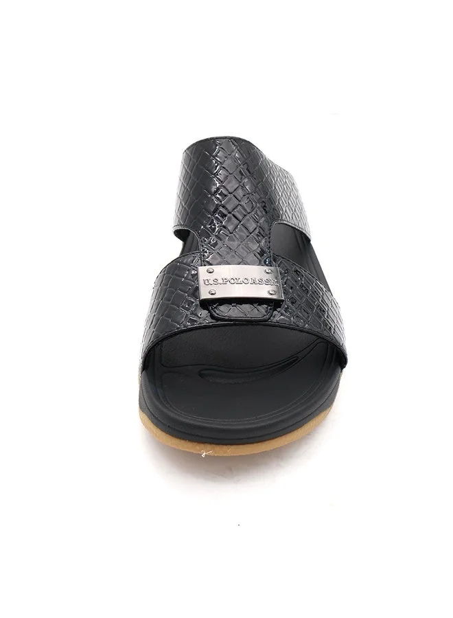 U.S. Polo Assn. BLACK US Polo Arabic Men’s Black Croc‑Texture Slide Sandals – Slip‑On Comfort Slippers for Home & Outdoors for Men | Best Price UAE