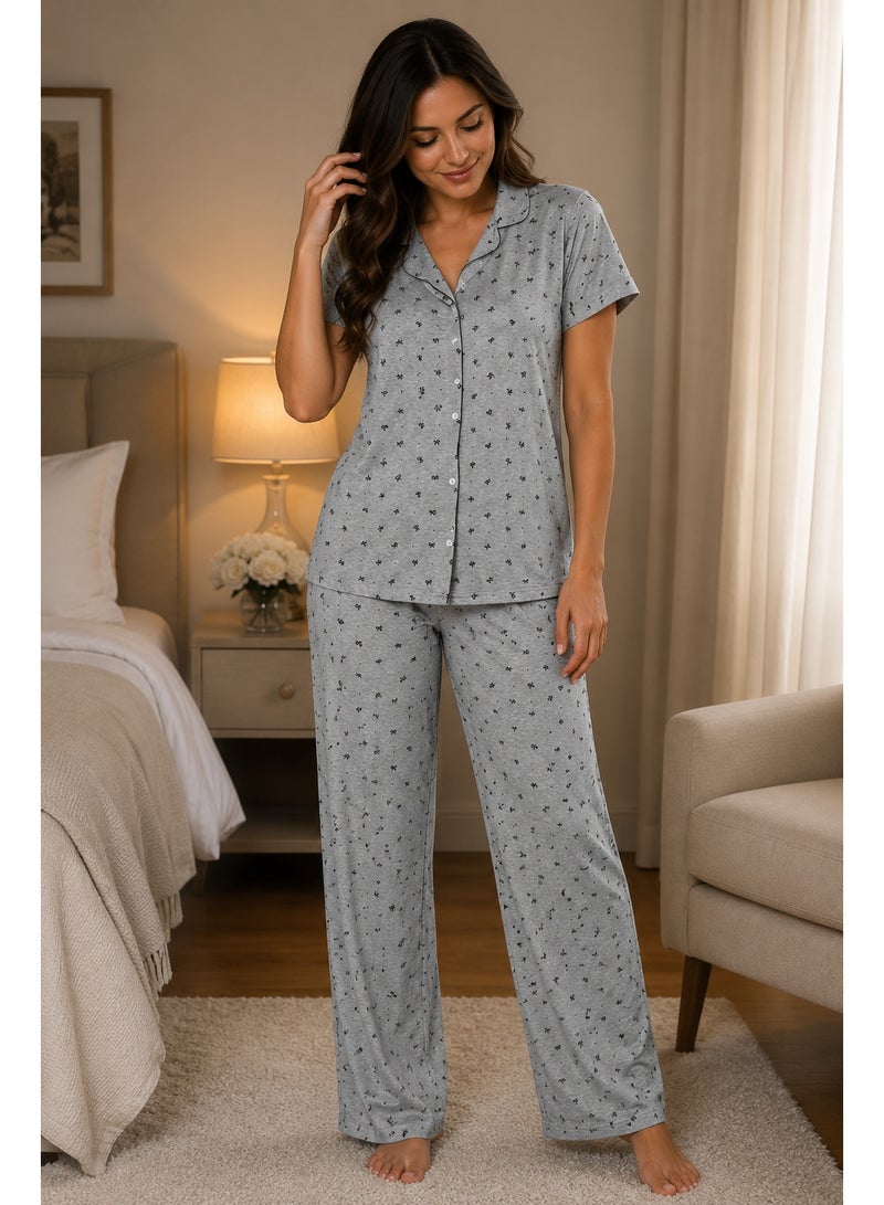 Women Soft Brushed Pajama Set With Long Pants And Button Shirt