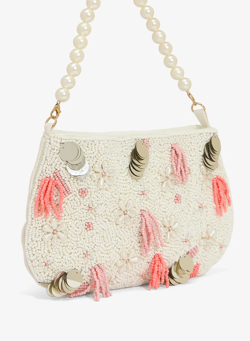 Khizana White Embroidered Beaded Pearl Handle Clutch for Women | Best Price UAE