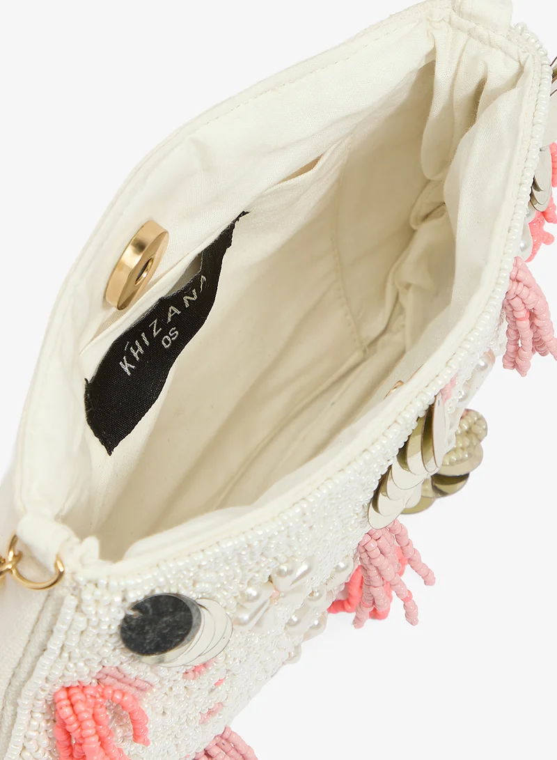 Khizana White Embroidered Beaded Pearl Handle Clutch for Women | Best Price UAE