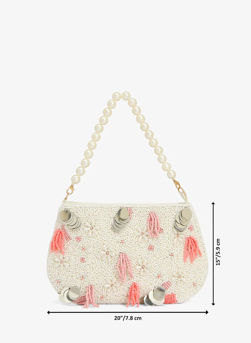Khizana White Embroidered Beaded Pearl Handle Clutch for Women | Best Price UAE