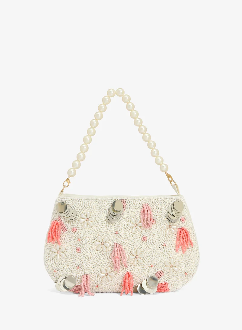 Embroidered Beaded Pearl Handle Clutch