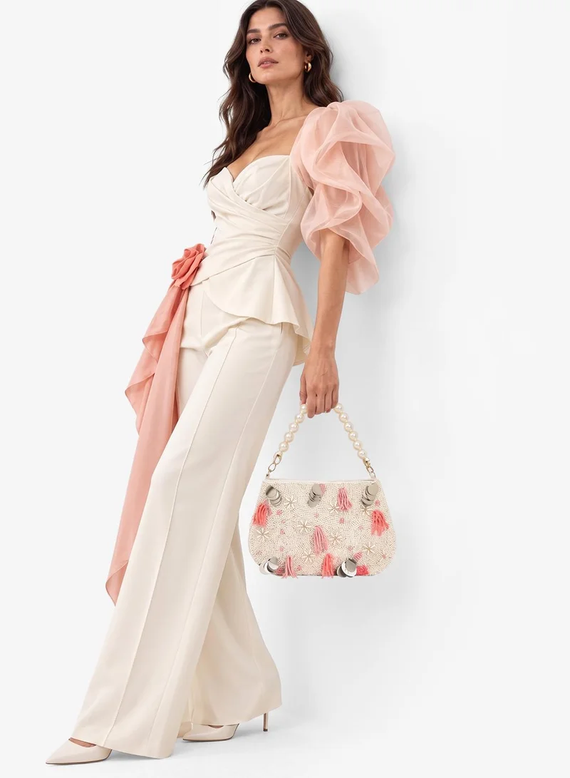 Khizana White Embroidered Beaded Pearl Handle Clutch for Women | Best Price UAE