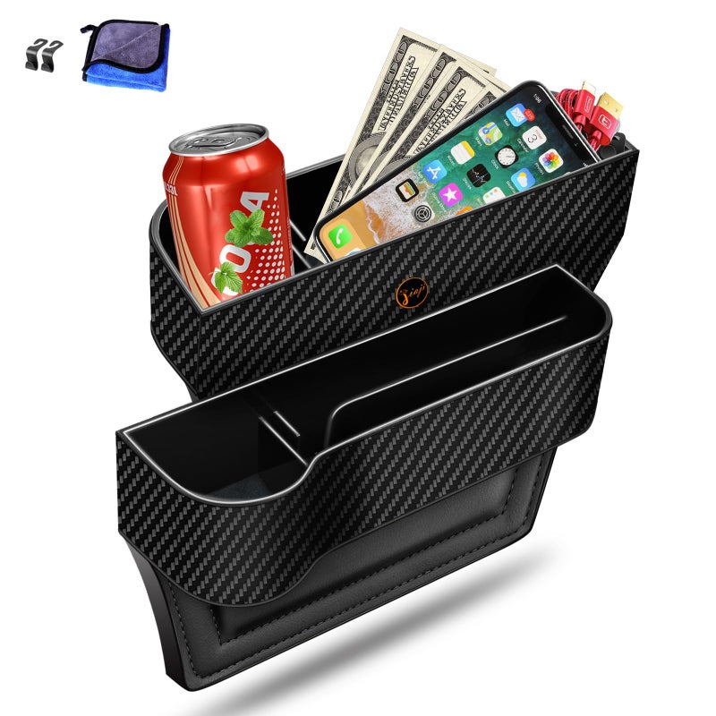 Jiaji Car Seat Gap Filler Organizer, 2 Pack Multifunctional Auto Console Side Storage Box with Cup Holders 2 Seat Hooks for Drink, Car Organizer Front Seat for Holding Phone, Sunglasses - Image 1