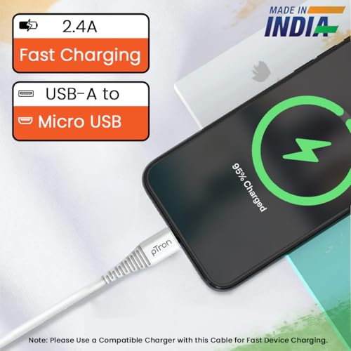 pTron USB-A to Micro USB 2.4A Fast Charging Cable compatible with Android Phones/Tablets, 480mbps Data Transfer Speed, Made in India, Solero M241 Tangle-free USB Cable (Round, 1M, White) - Image 2