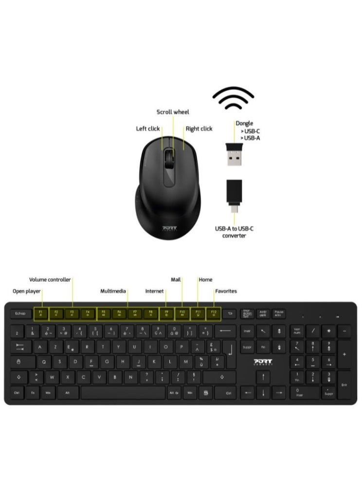 بورت ديزاينز مجموعة PORT Designs اللاسلكية بتردد 2.4 جيجاهرتز: ماوس ولوحة مفاتيح QWERTY - Image 1