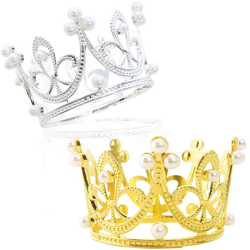 TCOTBE 2Piece Mini Baby Crowns Rhinestone Pearls Princess Round Crowns for Bridal Wedding Royal Themed Decor Birthday Party - Image 2