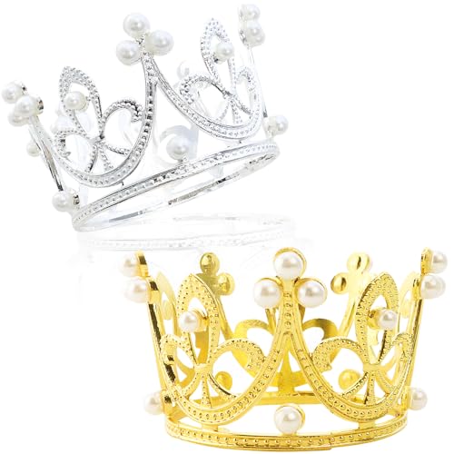 TCOTBE 2Piece Mini Baby Crowns Rhinestone Pearls Princess Round Crowns for Bridal Wedding Royal Themed Decor Birthday Party - Image 1