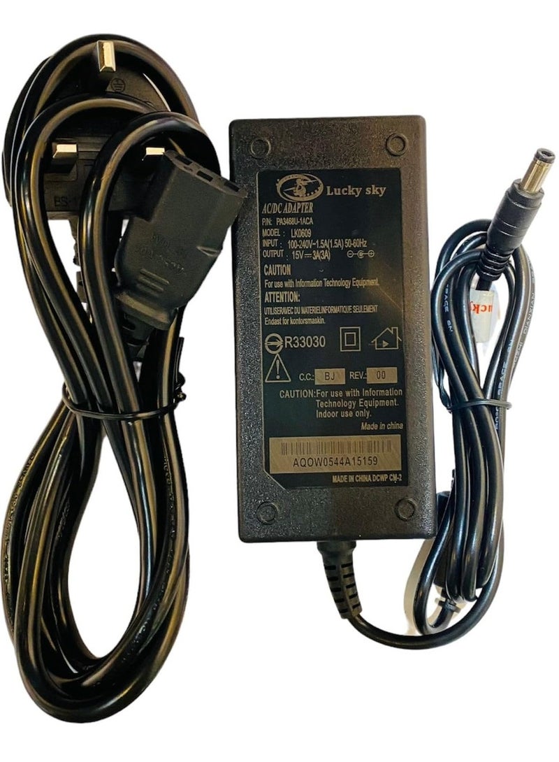 Lucky Sky 1PC 15V 3A Power Supply Adapter AC/DC Switching Power UK Plug for 3D Printer LED Driver CCTV Security System Computer Monitor and More. (15V 3A) - Image 1