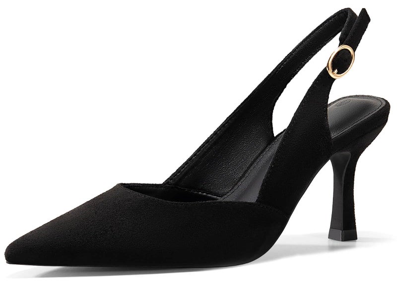 Rilista Womens Slingback Pumps Closed Pointed Toe Kitten Heel Sandals Wedding Evening Party Dress Shoes Black Suede - Image 1