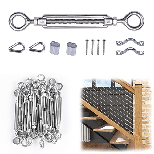 Muzata 20 Set 18 Cable Railing Hardware Kit Heavy Duty Turnbuckle M5 Eye to Eye for Wood Post T304 Stainless Steel Deck Cable Railing System Angle 180 Adjustable Stairs 20 Pairs CK01