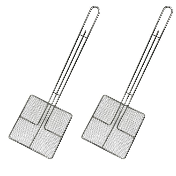 WIRE MESH STRAINER WITH LONG HANDLE 2PACK 65 SQUARE FRYING SPOON COOKING OIL STRAINER FOR DEEP FRYER PROFESSIONAL RESTAURANT USE COMMERCIAL GREASE SKIMMER