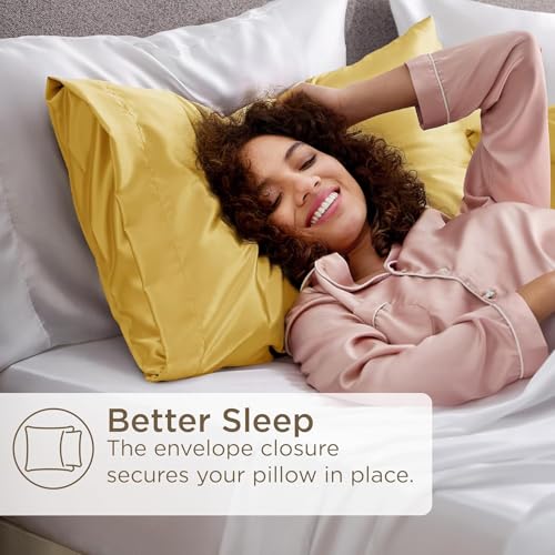 GO WELL Satin Silk Solid Pillow Covers Pack Of 2 For Hair & Skin-With Satin Scrunchies For Women Stylish|Satin Pillow Coer For Hair & Skin|Scrunchies For Women 3-Piece|Silk Pillow Case (Yellow) 600TC - Image 5