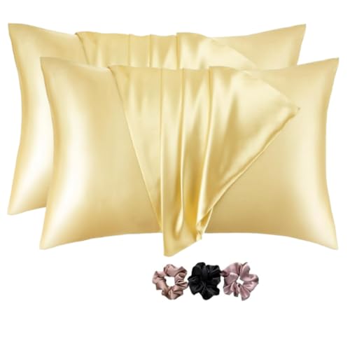 GO WELL Satin Silk Solid Pillow Covers Pack Of 2 For Hair & Skin-With Satin Scrunchies For Women Stylish|Satin Pillow Coer For Hair & Skin|Scrunchies For Women 3-Piece|Silk Pillow Case (Yellow) 600TC - Image 1