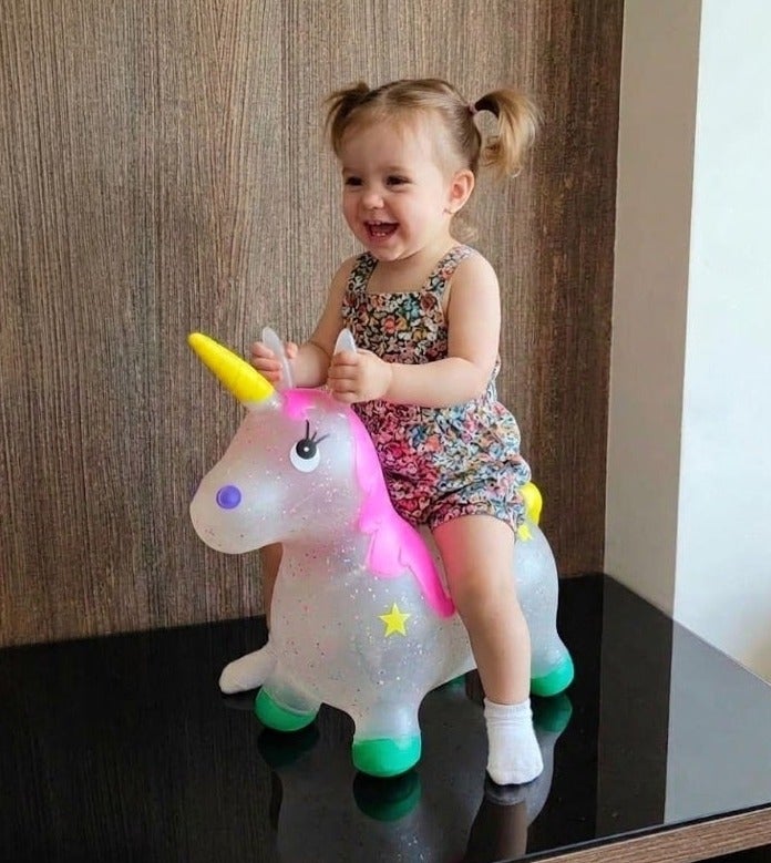 Unicorn Inflatable Bouncer Hopper Toy for Kids 1.5-4 Years, Transparent Glitter PVC