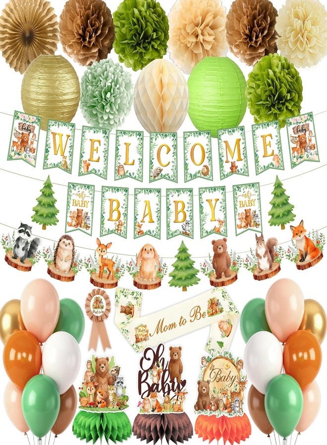 Bolake Woodland Baby Shower Decorations 36 Pcs Baby Shower Decorations with Welcome Baby Banners Mom to Be Sash Dad to Be Pin for Neutral Gender Reveal Party Decorations Supplies - Image 1