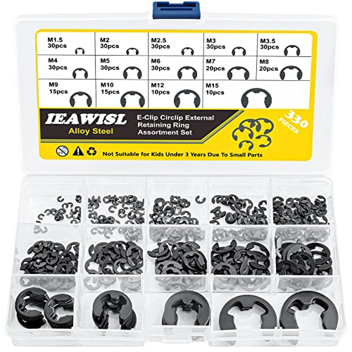IEAWISL External Retaining Rings, 330PCS Alloy Steel Retaining Rings E-Clip Assortment Set-M1.5 M2 M2.5 M3 M3.5 M4 M5 M6 M7 M8 M9 M10 M12 M15 E-Clips for Bearings, Gears, Pulleys, Axles - Image 1