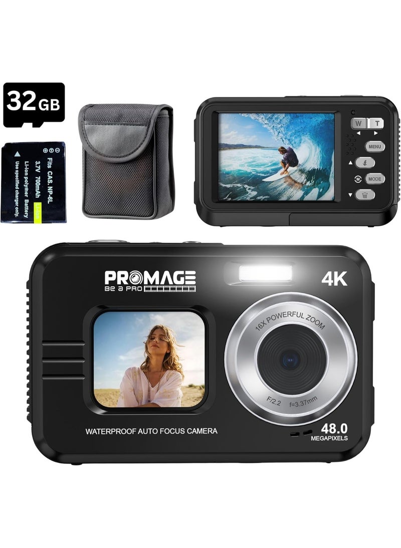 برو ميج كاميرا رقمية PROMAGE PC150 مقاومة للماء 4K أسود - كاميرا مدونات فيديو بدقة 48 ميجابكسل فائقة الوضوح بشاشتين مع شاشات IPS أمامية وخلفية، تقريب 16X، تركيز تلقائي وحقيبة حمل سوليباج - Image 1