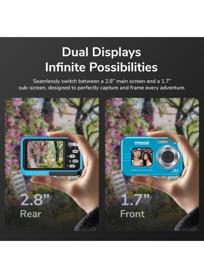 برو ميج كاميرا رقمية PROMAGE PC150 مقاومة للماء 4K أسود - كاميرا مدونات فيديو بدقة 48 ميجابكسل فائقة الوضوح بشاشتين مع شاشات IPS أمامية وخلفية، تقريب 16X، تركيز تلقائي وحقيبة حمل سوليباج - Image 4